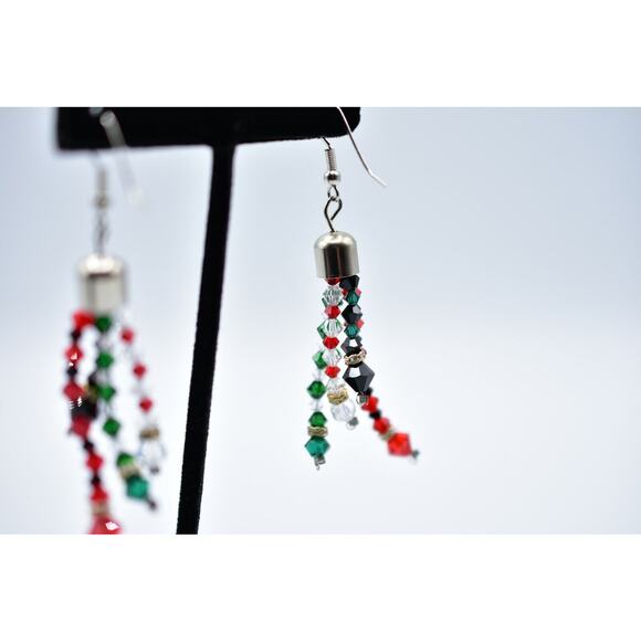 Vintage Crystal Beaded Earrings Christmas Holiday Shiny Dangle Red Green Bin7 - Picture 11 of 11
